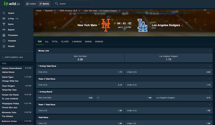 A view of the betting interface on Wild.io, one of the best NJ online sportsbooks.